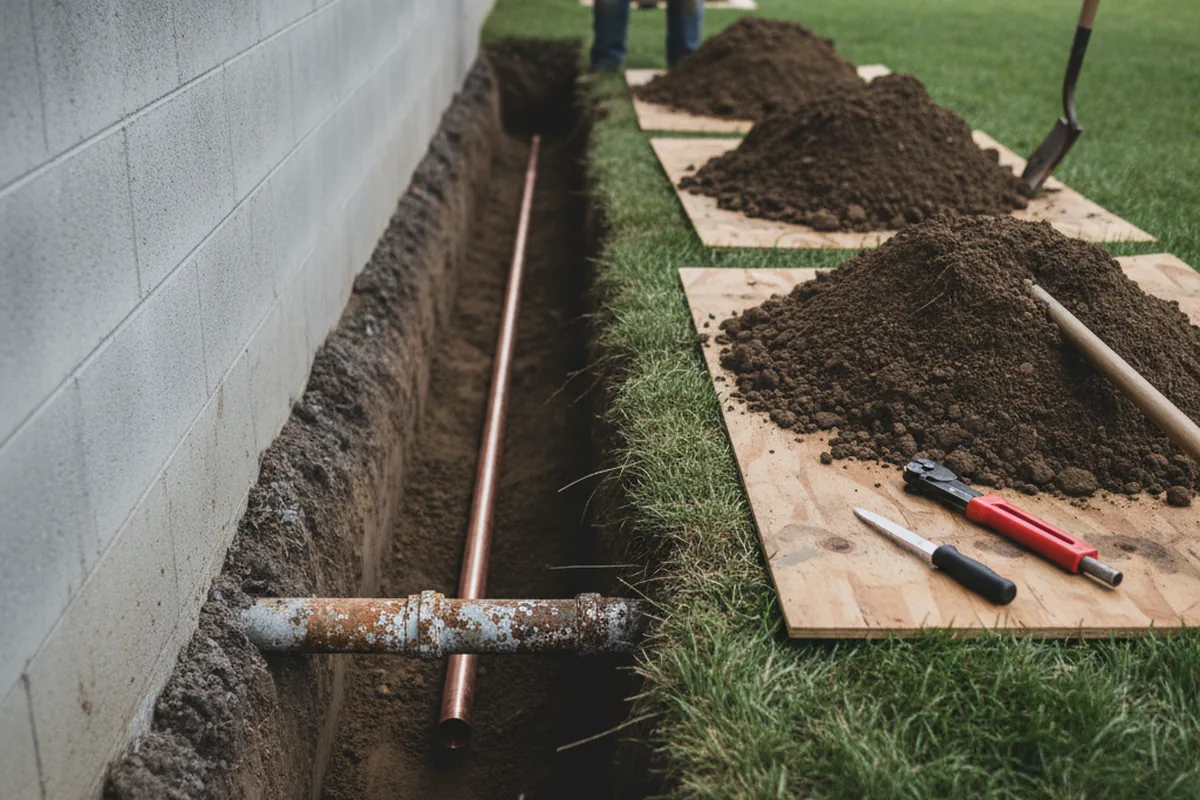 Excavated water line trench during Sewer Line Repair in Ivel